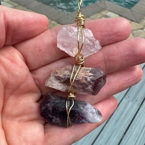 Rose Quartz, Super 7, Amethyst Handcrafted Gold Wire Wrapped Stone Pendant